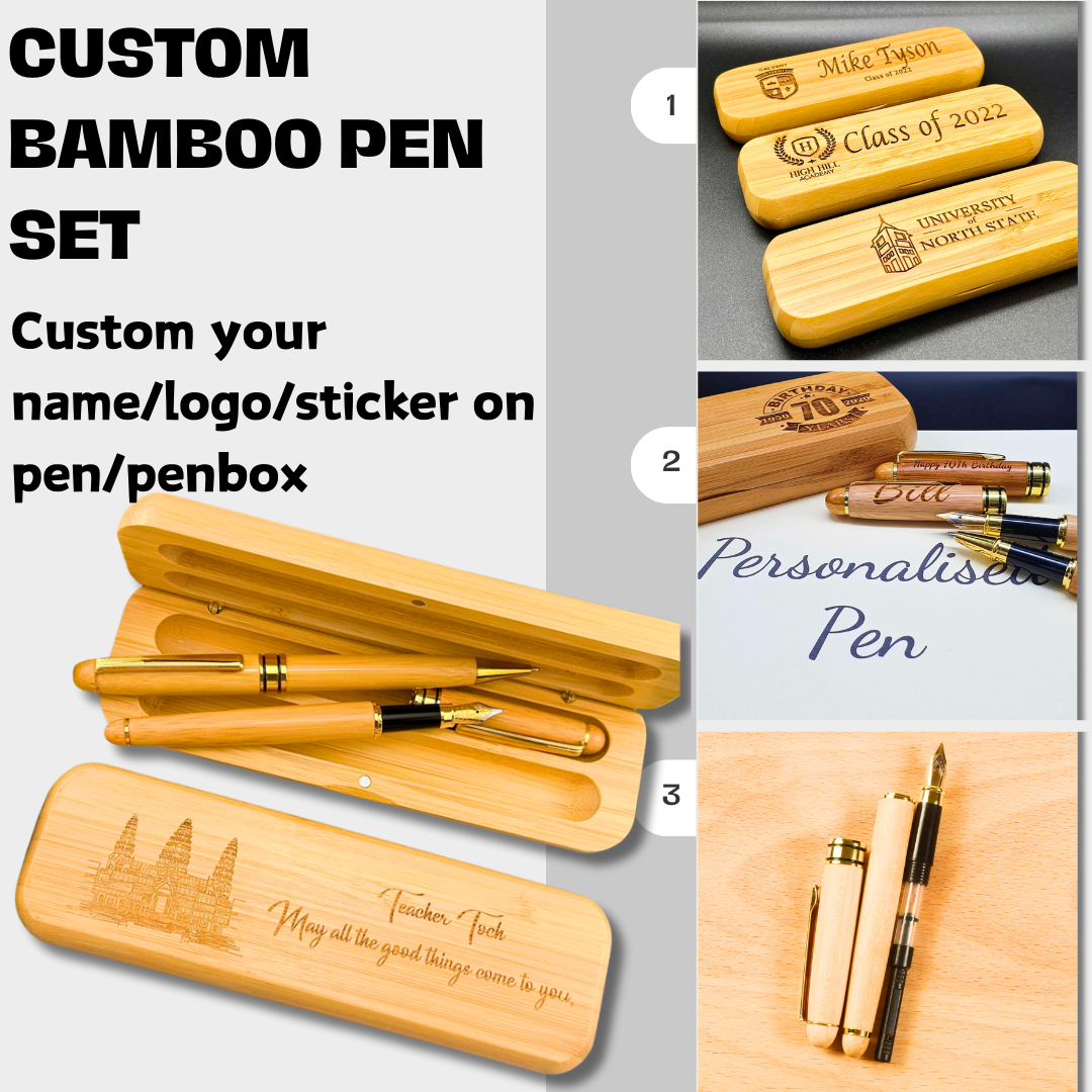 Custom logo/name/sticker bamboo pen set Cambodia
