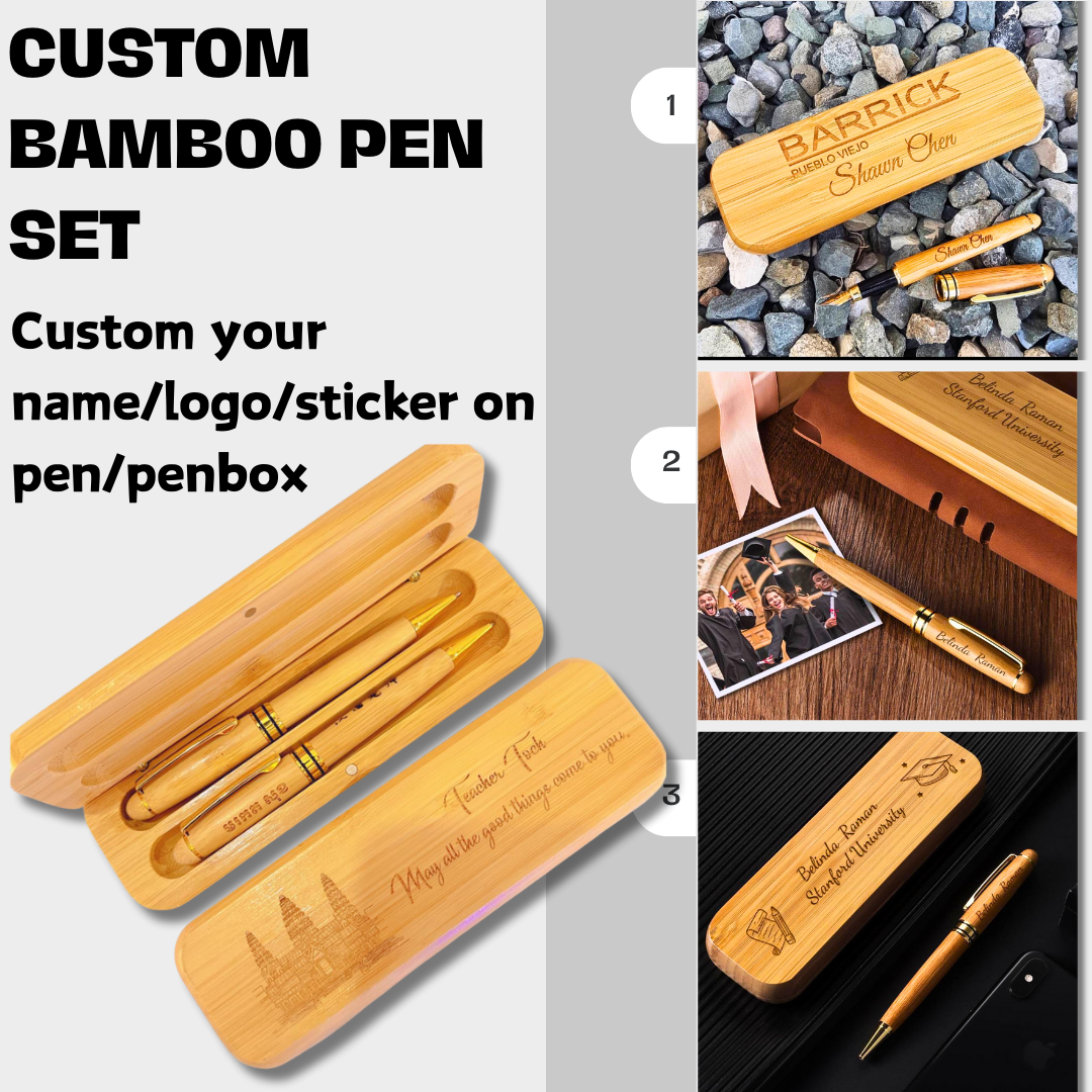 Custom logo/name/sticker bamboo pen set Cambodia