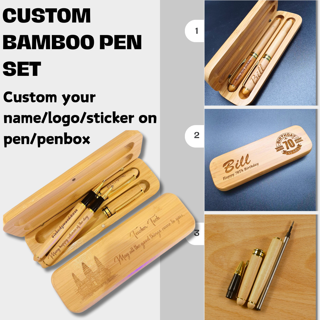 Custom logo/name/sticker bamboo pen set Cambodia