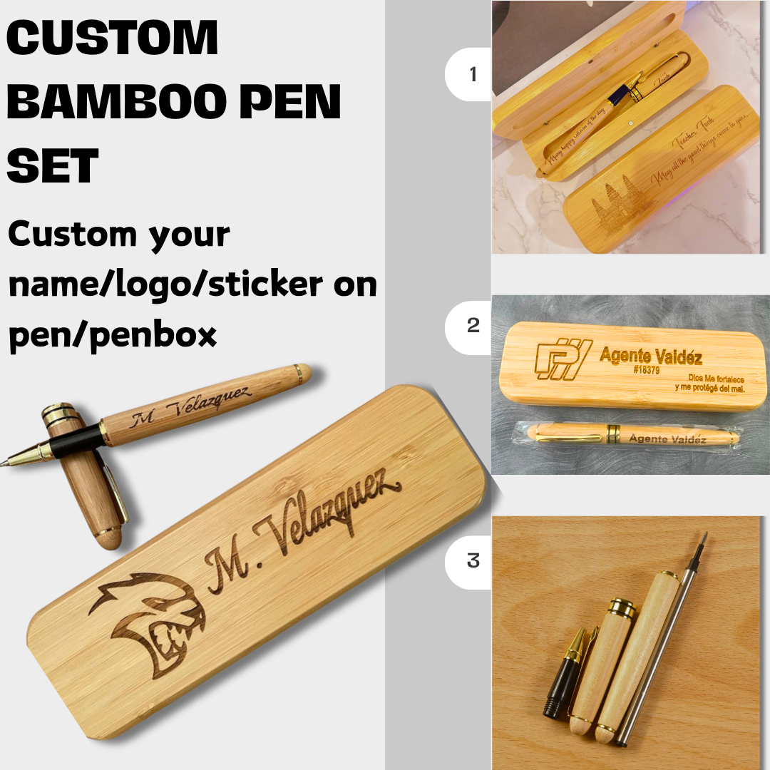 Custom logo/name/sticker bamboo pen set Cambodia