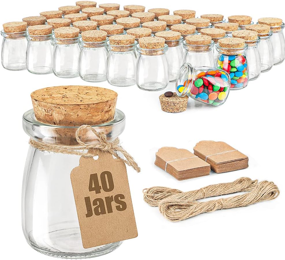 40 Pack Glass Favor Jars with Cork Lid, 3.4 oz Small Glass Bottles for Wedding Favor, Baby Shower, Party Favor, Gift Jars for Candy, Bonus Twine and Labels Cambodia