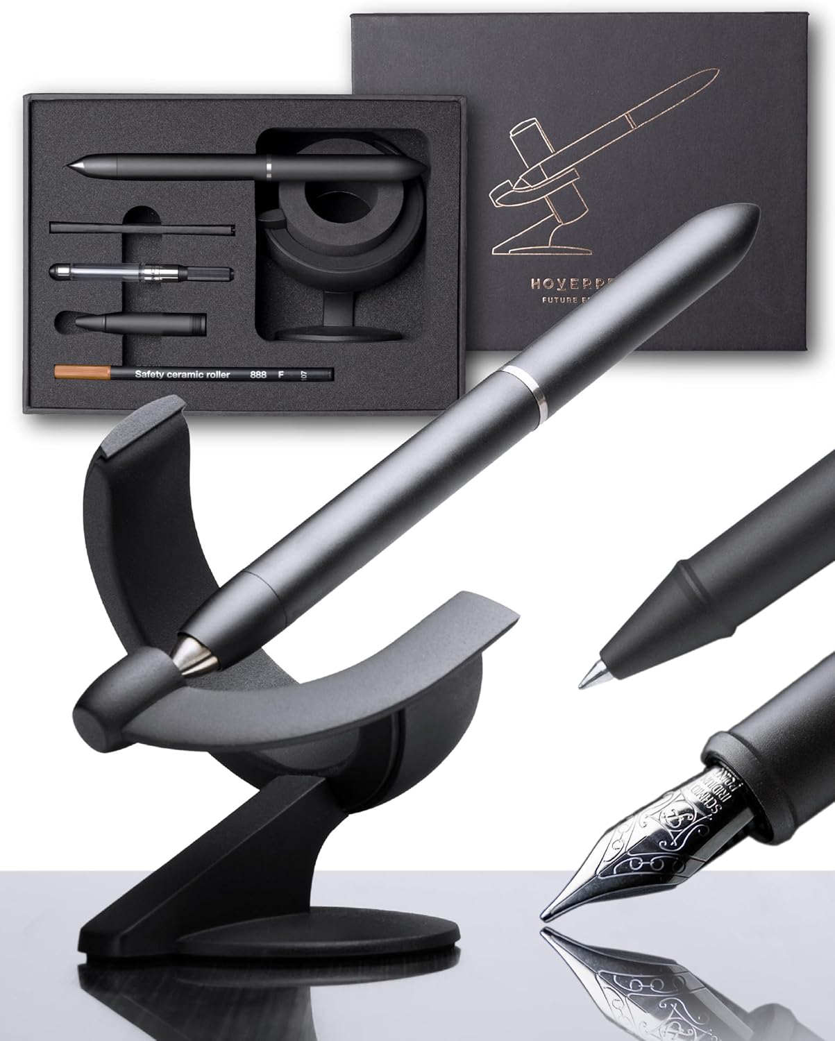 novium Hoverpen Future Edition - Fountain Pen & Rollerball Pen All-In Gift Box, Fine Nib, Futuristic Aesthetic, Metal Made Luxury Pen, Cambodia