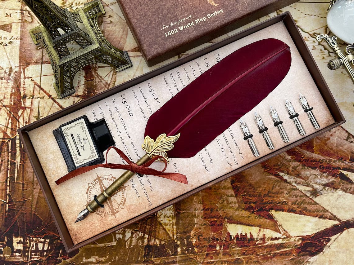 Customized Classic Elegant Feather Pen Antique Vintage Red Quill Pen and Black Ink Set in Gift Box Gifts for Artists and Writers Cambodia