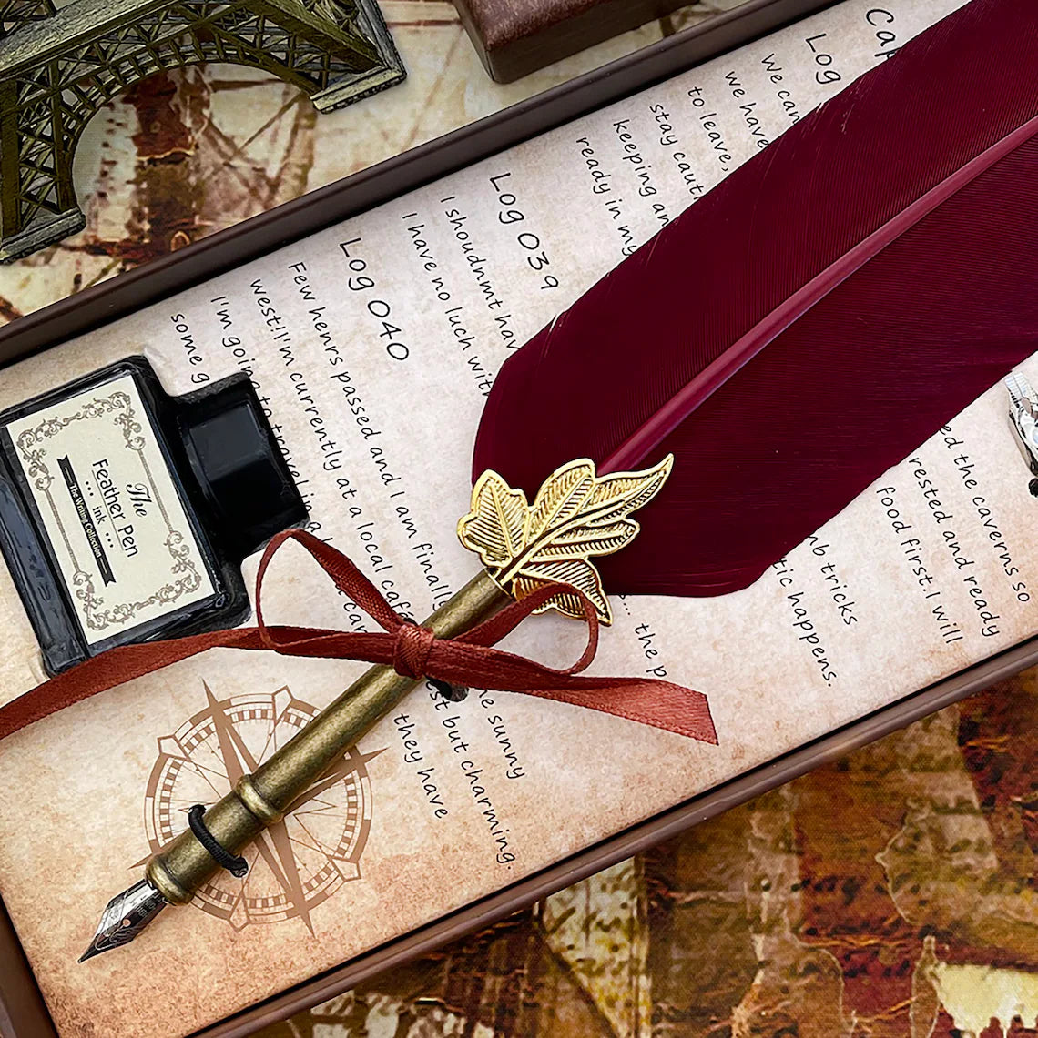 Customized Classic Elegant Feather Pen Antique Vintage Red Quill Pen and Black Ink Set in Gift Box Gifts for Artists and Writers Cambodia