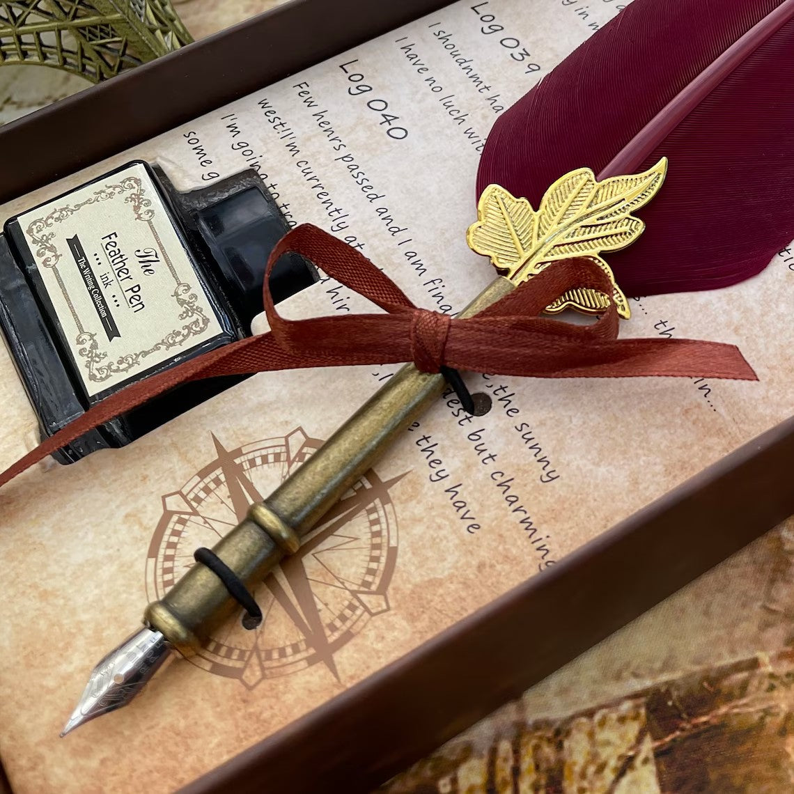 Customized Classic Elegant Feather Pen Antique Vintage Red Quill Pen and Black Ink Set in Gift Box Gifts for Artists and Writers Cambodia