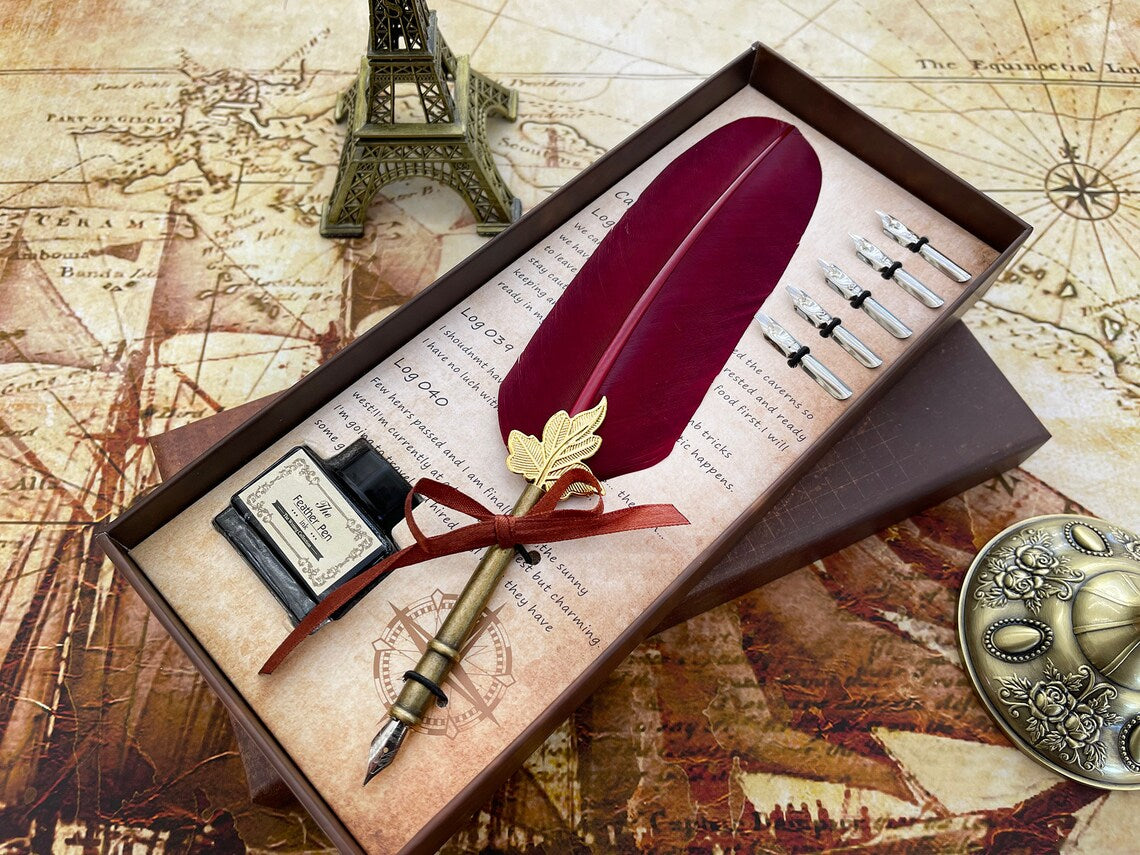 Customized Classic Elegant Feather Pen Antique Vintage Red Quill Pen and Black Ink Set in Gift Box Gifts for Artists and Writers Cambodia