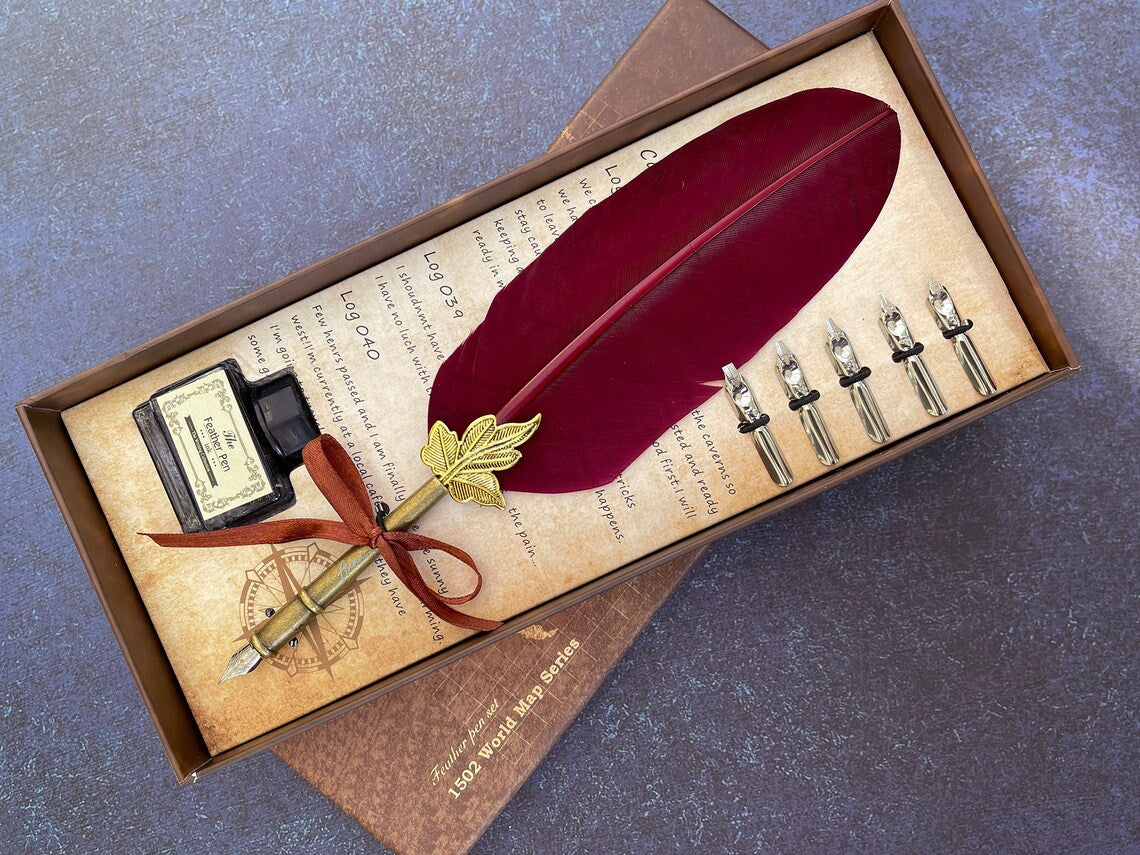 Customized Classic Elegant Feather Pen Antique Vintage Red Quill Pen and Black Ink Set in Gift Box Gifts for Artists and Writers Cambodia
