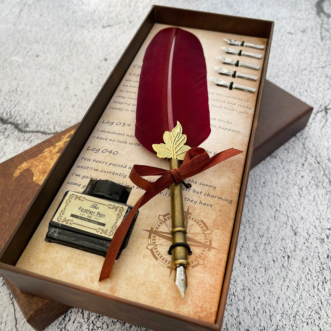 Customized Classic Elegant Feather Pen Antique Vintage Red Quill Pen and Black Ink Set in Gift Box Gifts for Artists and Writers Cambodia