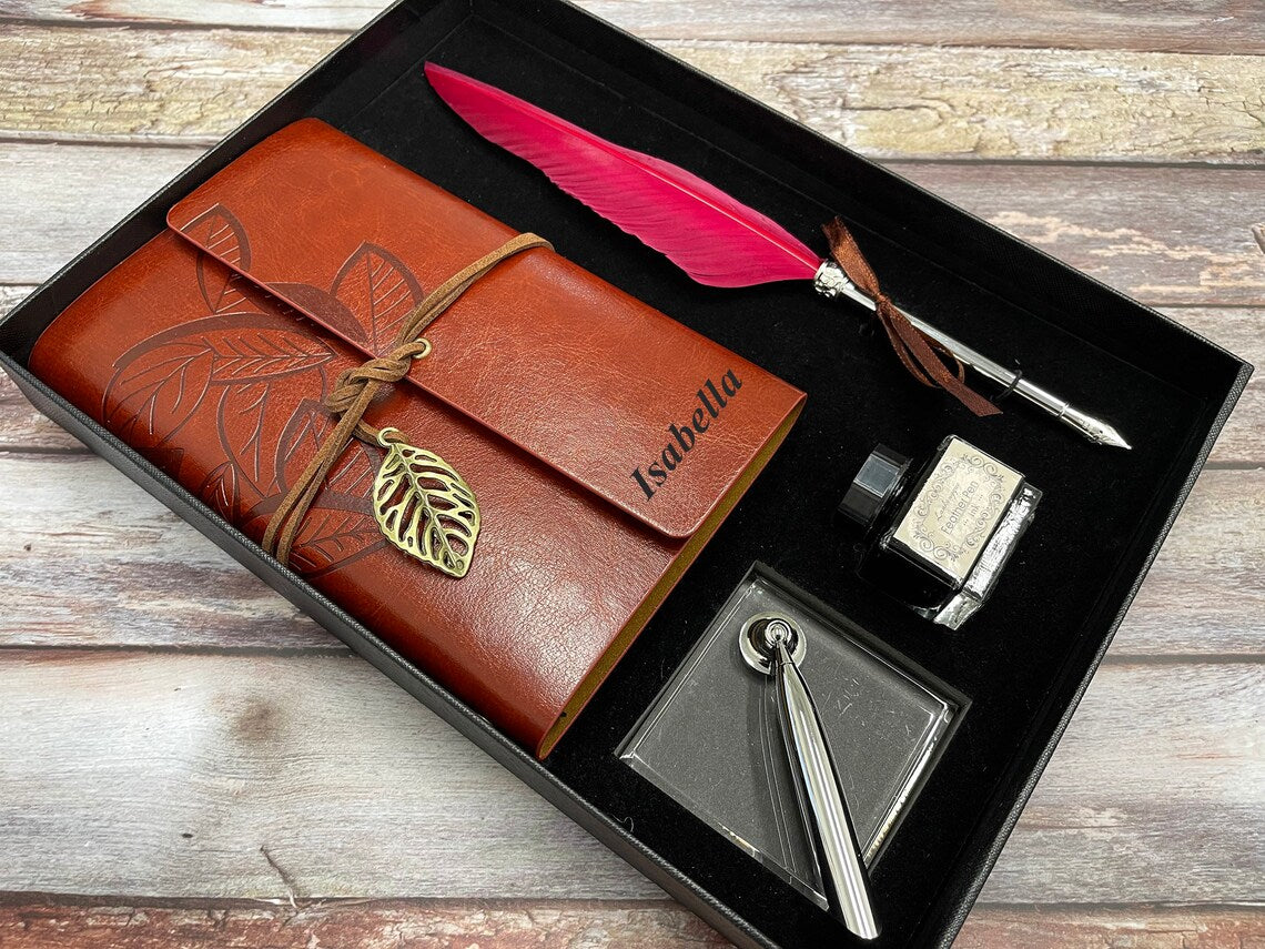 Personalized Leather Journal, Red Feather Dip Pen with Black Ink Gift Set, Gifts for Women and Men, Birthday Gifts, Mother Day, Father Day Cambodia