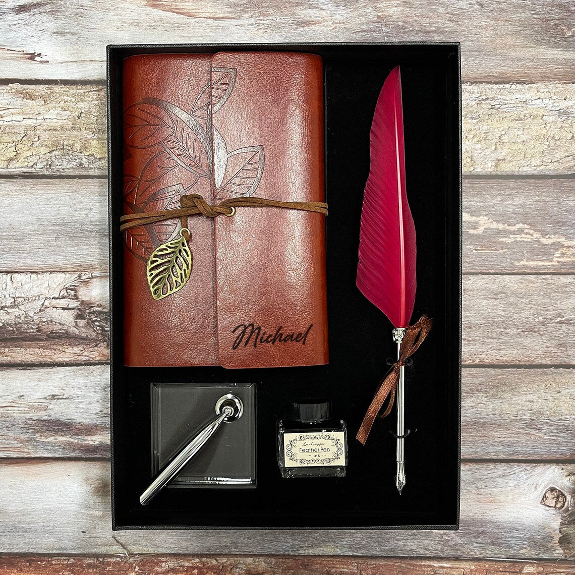 Personalized Leather Journal, Red Feather Dip Pen with Black Ink Gift Set, Gifts for Women and Men, Birthday Gifts, Mother Day, Father Day Cambodia