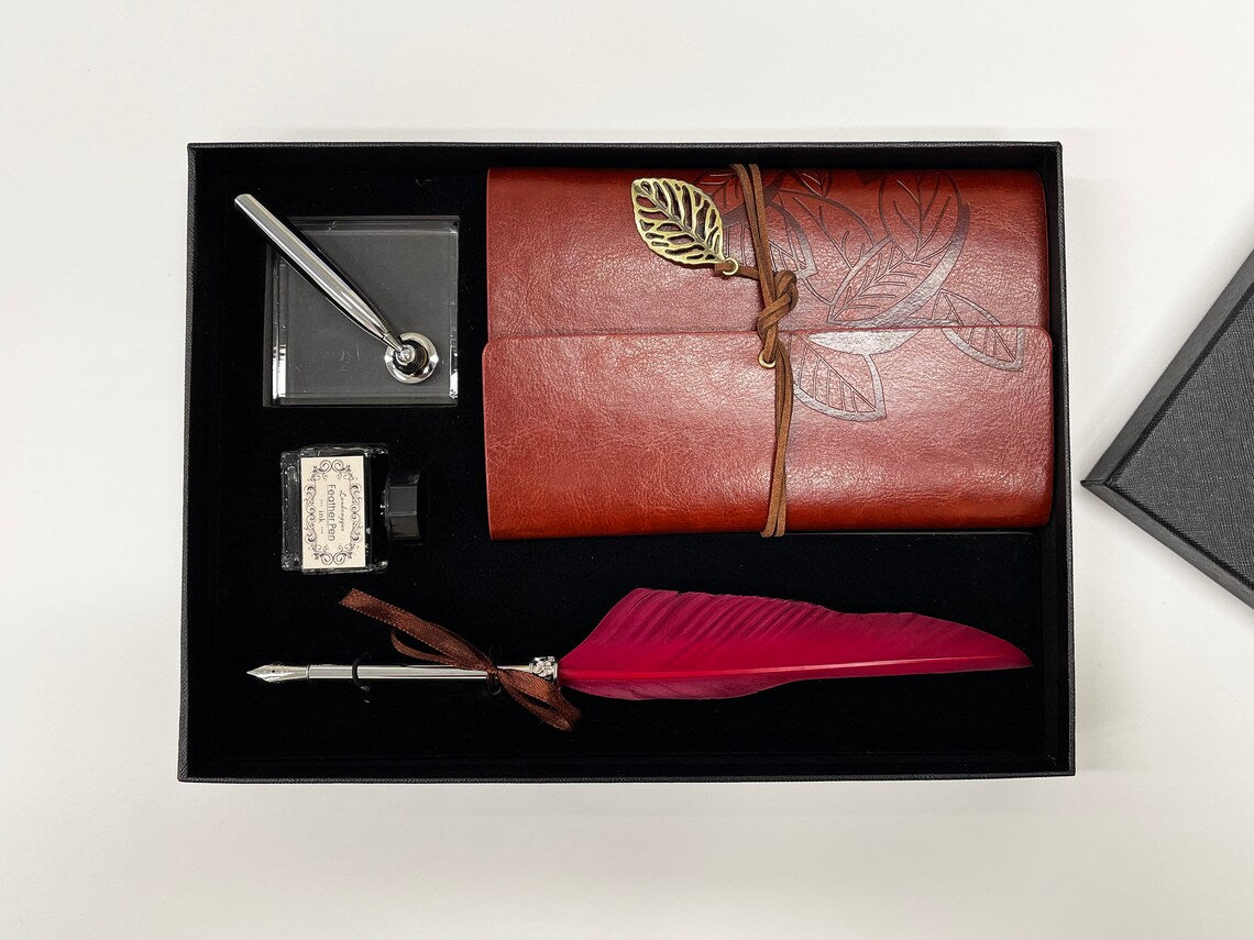 Personalized Leather Journal, Red Feather Dip Pen with Black Ink Gift Set, Gifts for Women and Men, Birthday Gifts, Mother Day, Father Day Cambodia
