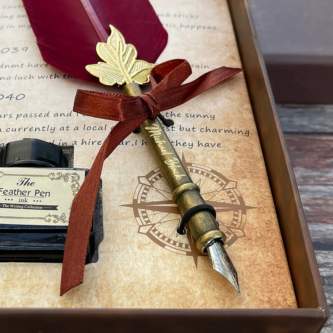 Customized Classic Elegant Feather Pen Antique Vintage Red Quill Pen and Black Ink Set in Gift Box Gifts for Artists and Writers Cambodia