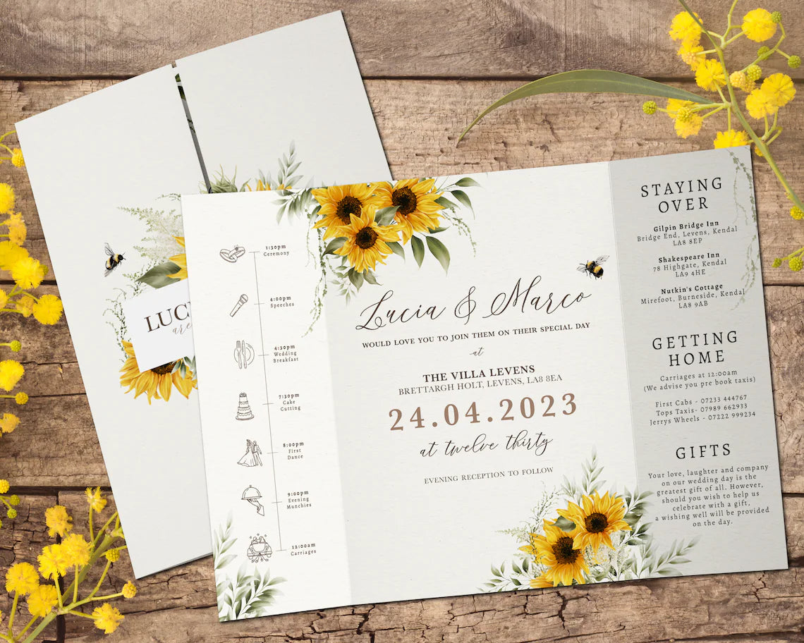Sunflower Wedding Invitations, Rustic Sunflower Wedding Invite, Yellow Floral Wedding Invitation, Gatefold Cambodia