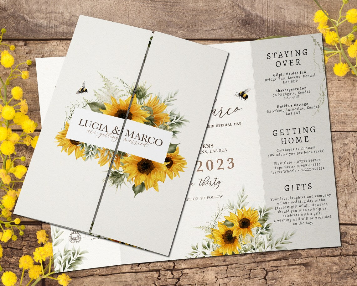 Sunflower Wedding Invitations, Rustic Sunflower Wedding Invite, Yellow Floral Wedding Invitation, Gatefold Cambodia