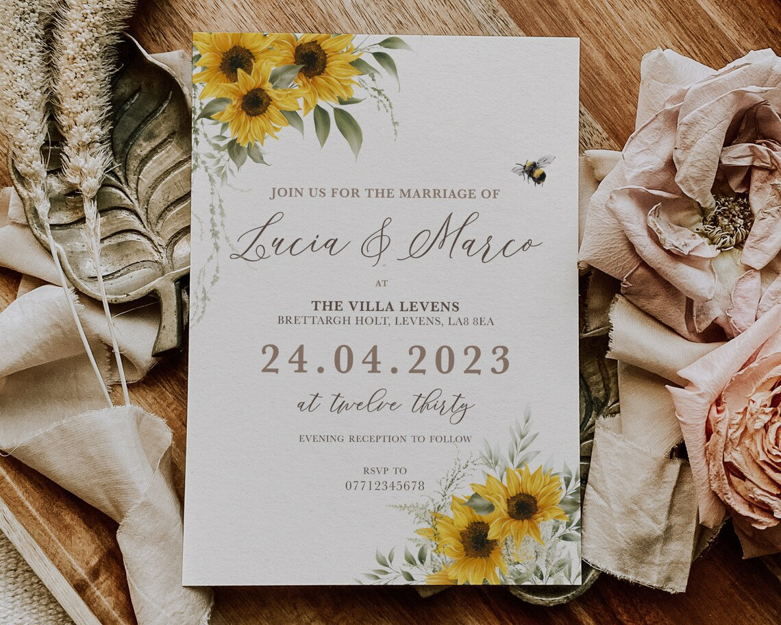Sunflower Wedding Invitations, Rustic Sunflower Wedding Invite, Yellow Floral Wedding Invitation, Gatefold Cambodia