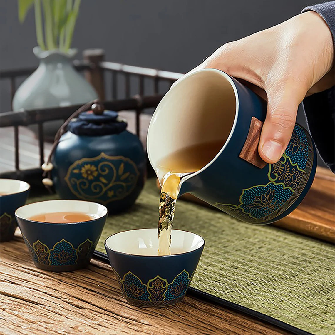 Customized Oriental Traditional Aesthetic Tea Set, Personalized Leather Storage Tea Set, Travel Tea Set With Leather Case Cambodia