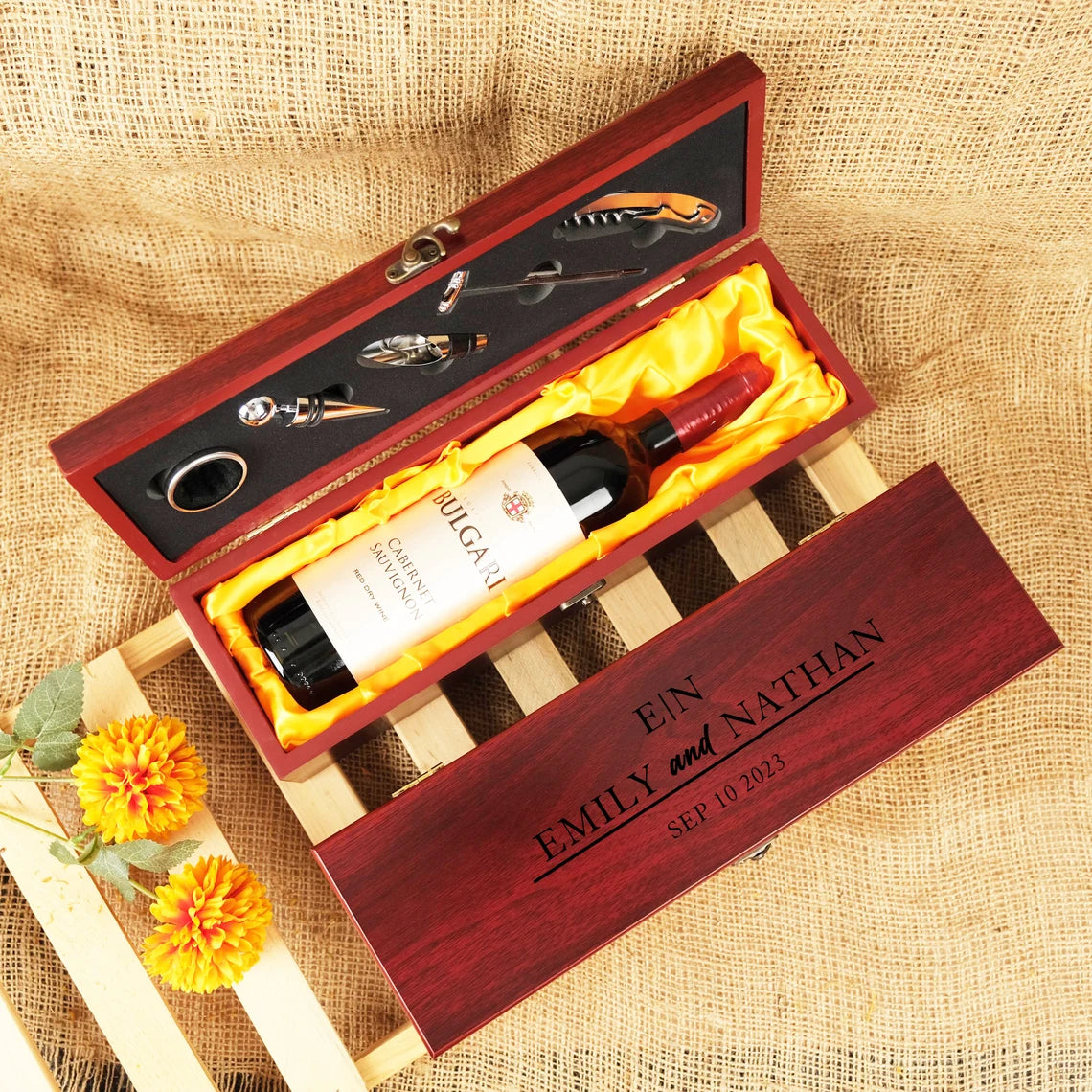 Wooden Wine Box, Engraved Wine Box With Accessories, Wedding Gift for Couples, Wine Gift Box, Personalized Wine Box, Christmas Gifts Cambodia