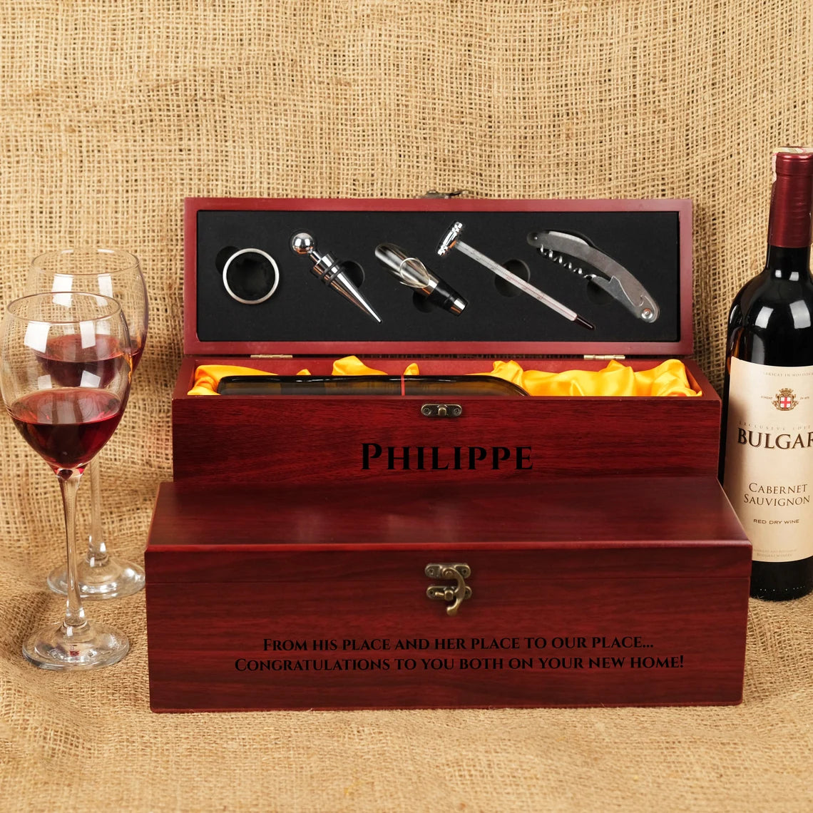 Wooden Wine Box, Engraved Wine Box With Accessories, Wedding Gift for Couples, Wine Gift Box, Personalized Wine Box, Christmas Gifts Cambodia