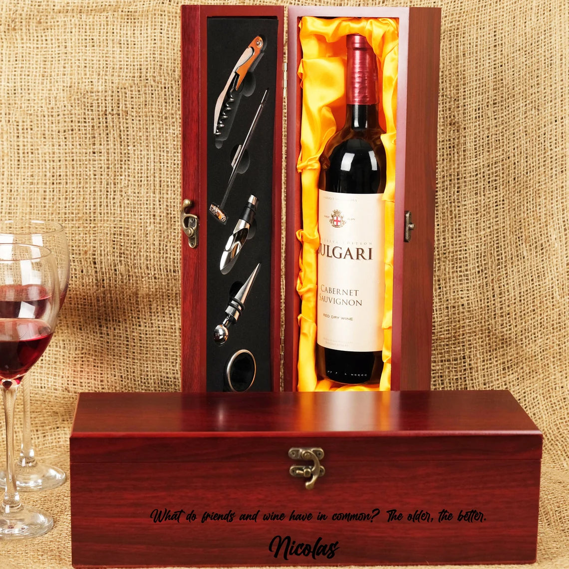 Wooden Wine Box, Engraved Wine Box With Accessories, Wedding Gift for Couples, Wine Gift Box, Personalized Wine Box, Christmas Gifts Cambodia