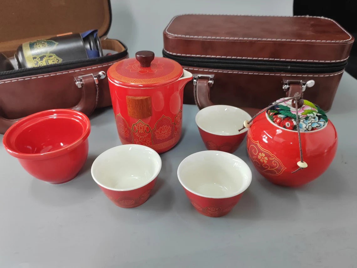 Customized Oriental Traditional Aesthetic Tea Set, Personalized Leather Storage Tea Set, Travel Tea Set With Leather Case Cambodia