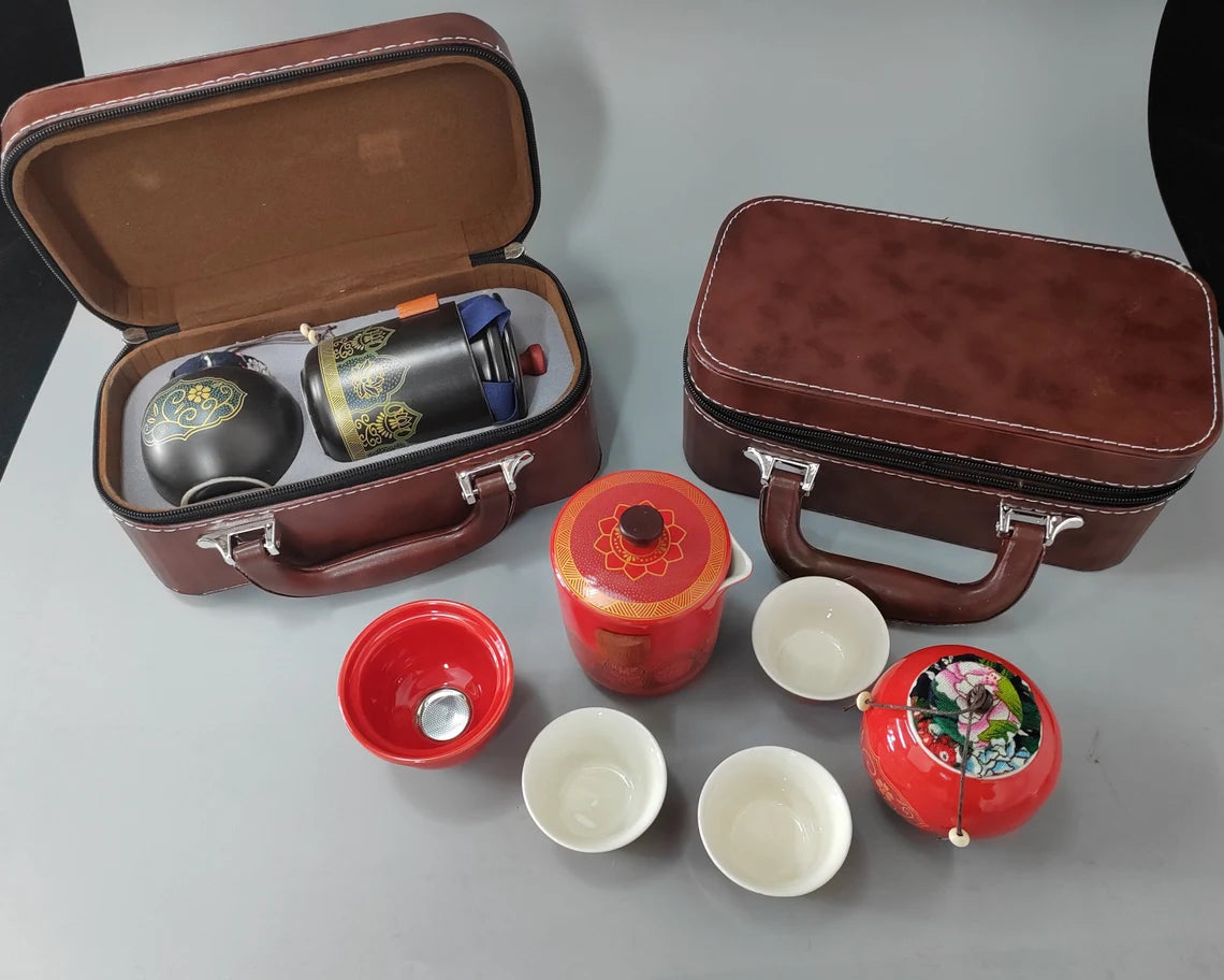 Customized Oriental Traditional Aesthetic Tea Set, Personalized Leather Storage Tea Set, Travel Tea Set With Leather Case Cambodia