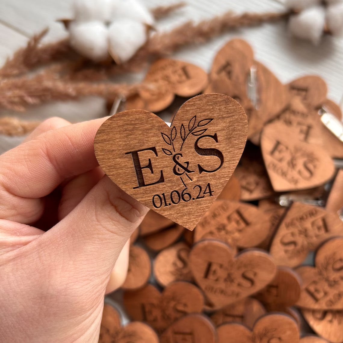 Wooden engraved wedding hearts, wedding save the date, laser engraving initial pins, unique wedding boutonniere, wedding gift for guest Cambodia