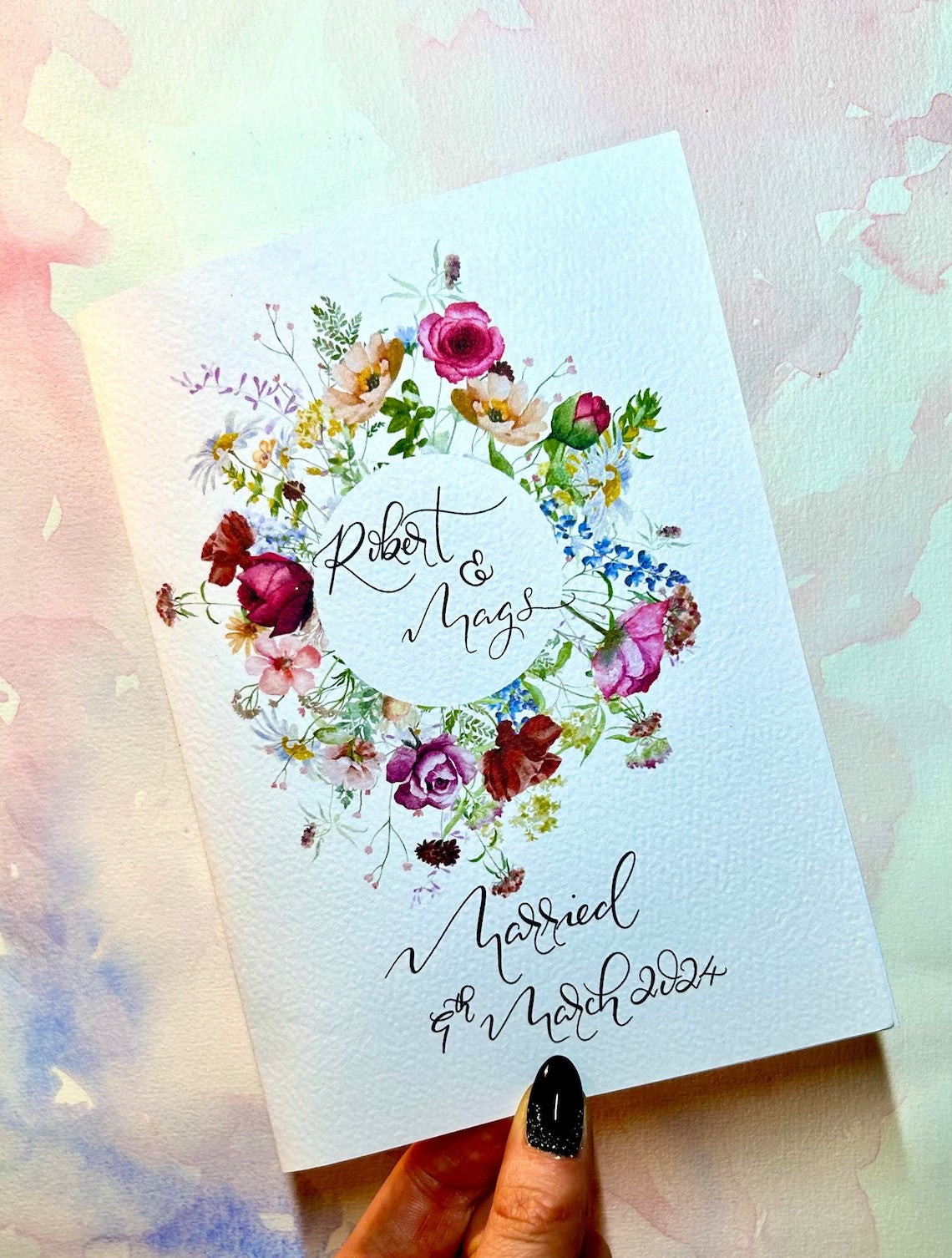 Personalised wedding/engagement wildflowers Card | Personalised Calligraphy | Pink themed, Wild Flower wedding flower | custom language Cambodia
