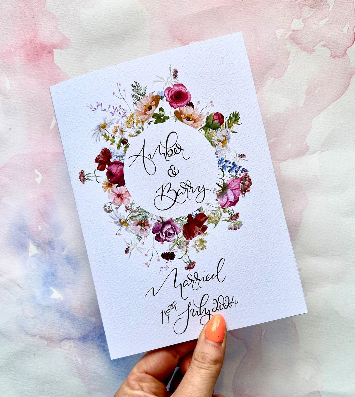 Personalised wedding/engagement wildflowers Card | Personalised Calligraphy | Pink themed, Wild Flower wedding flower | custom language Cambodia