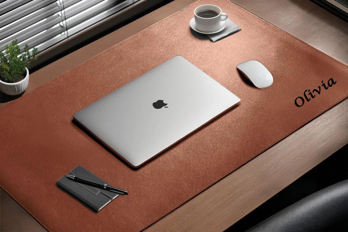 Personalised Vegan Leather Desk Mat with Cork Anti Slip Backing / Water Resistant Computer Pad / Office Desk Mat / Corporate Gift