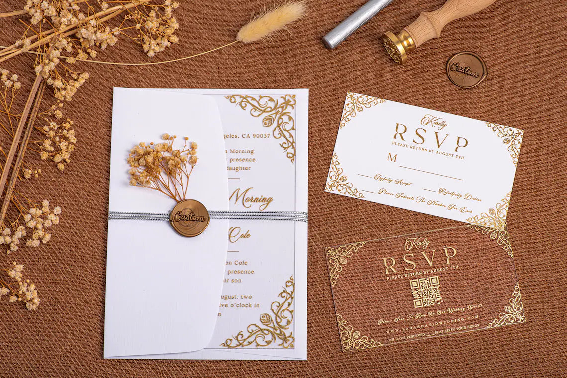 Vintage Acrylic Wedding Invitations, Gold Foil Clear Wedding Invitation with RSVP Set, Quinceanera Invitations, Custom Invitation Cambodia