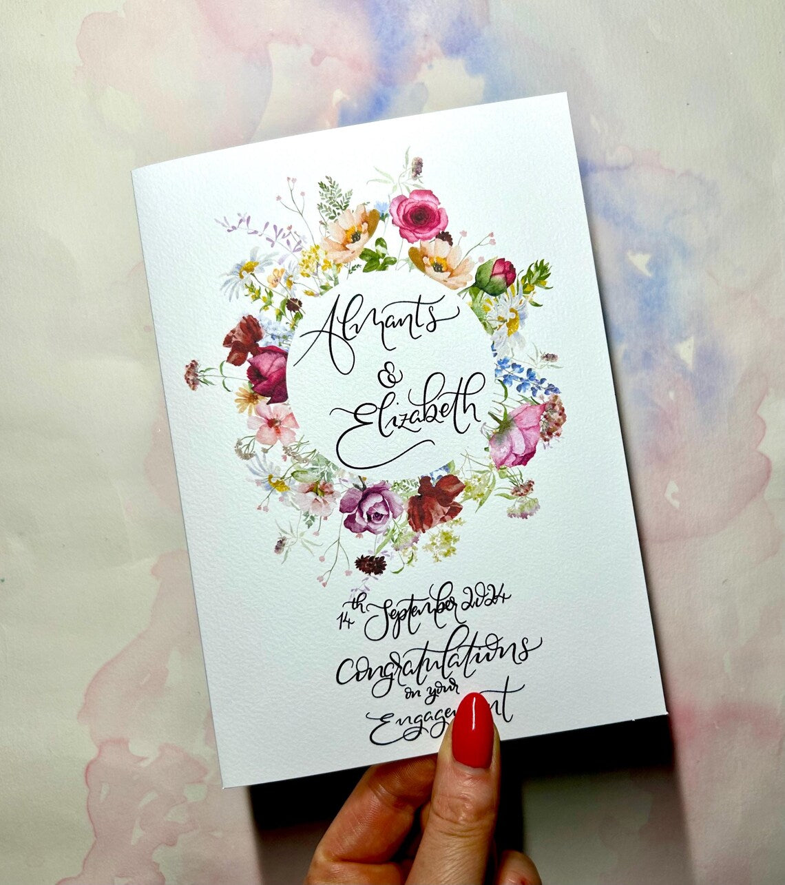 Personalised wedding/engagement wildflowers Card | Personalised Calligraphy | Pink themed, Wild Flower wedding flower | custom language Cambodia