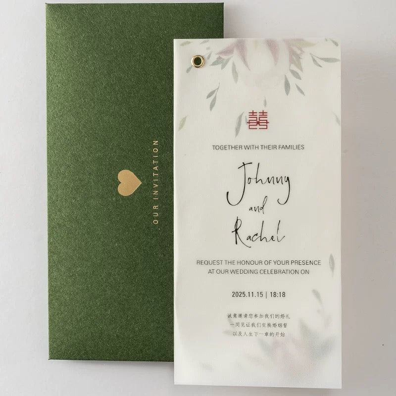 Green Printed Wedding Invitation Set, Modern Wedding Invitation with Envelope, Greenery Wedding Invitation Suite Cambodia