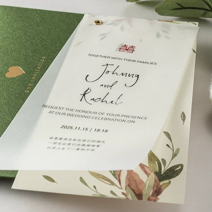Green Printed Wedding Invitation Set, Modern Wedding Invitation with Envelope, Greenery Wedding Invitation Suite Cambodia