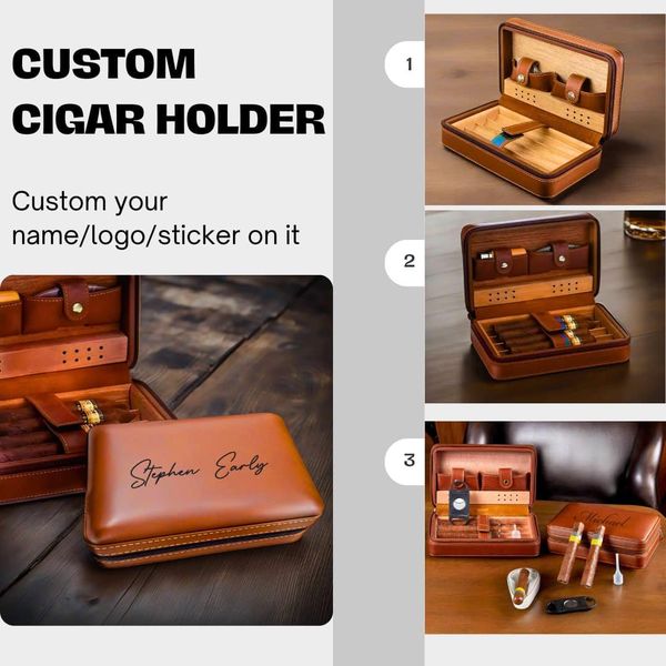 Custom logo/name/sticker leather and wooden Cigar box holder Cambodia