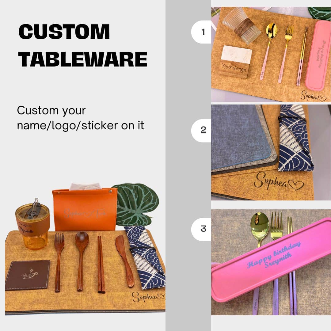 Custom logo/name tableware spoon chopsticks fork table mat set Cambodia