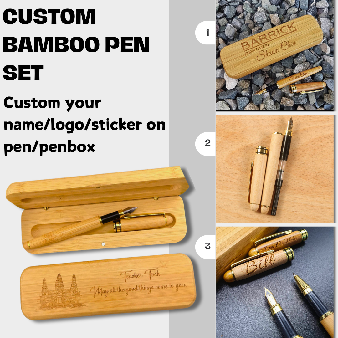 Custom logo/name/sticker bamboo pen set Cambodia