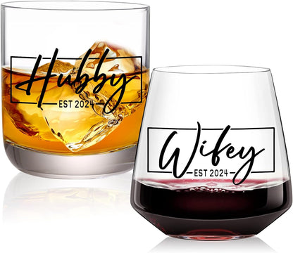 Wedding Gifts for Couples,Hubby & Wifey EST 2024 Wedding Glass Set,Bridal Shower Gifts,Unique Gift for Engagement,Wedding, Newly-Married Anniversary for Him Her Mother Father Cambodia