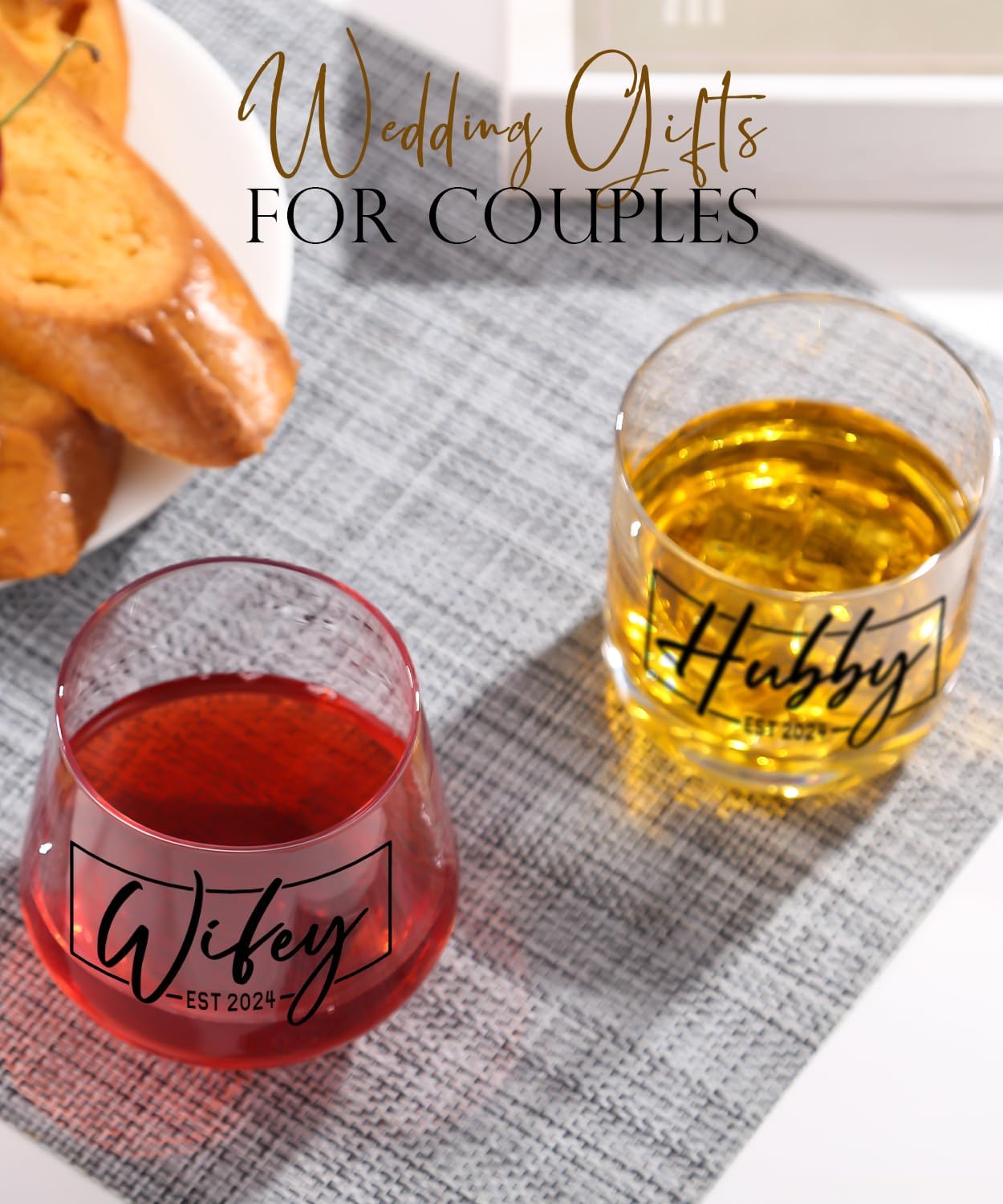 Wedding Gifts for Couples,Hubby & Wifey EST 2024 Wedding Glass Set,Bridal Shower Gifts,Unique Gift for Engagement,Wedding, Newly-Married Anniversary for Him Her Mother Father Cambodia