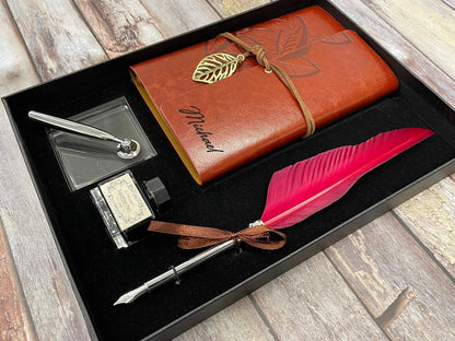 Personalized Leather Journal, Red Feather Dip Pen with Black Ink Gift Set, Gifts for Women and Men, Birthday Gifts, Mother Day, Father Day Cambodia
