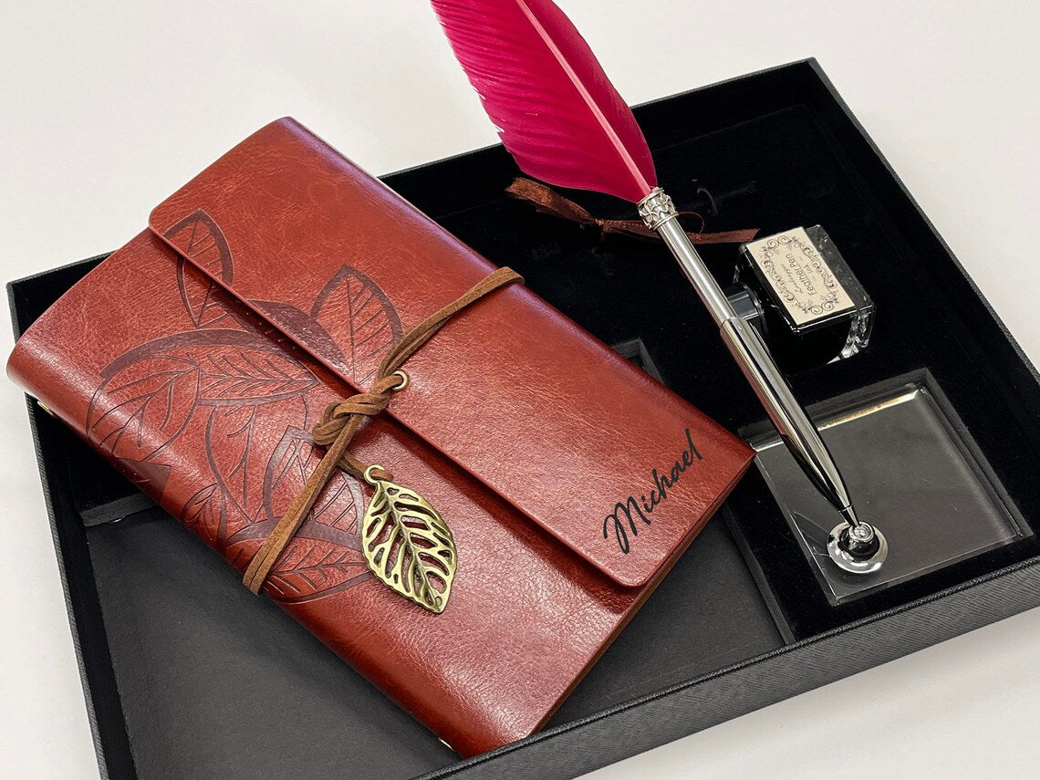 Personalized Leather Journal, Red Feather Dip Pen with Black Ink Gift Set, Gifts for Women and Men, Birthday Gifts, Mother Day, Father Day Cambodia