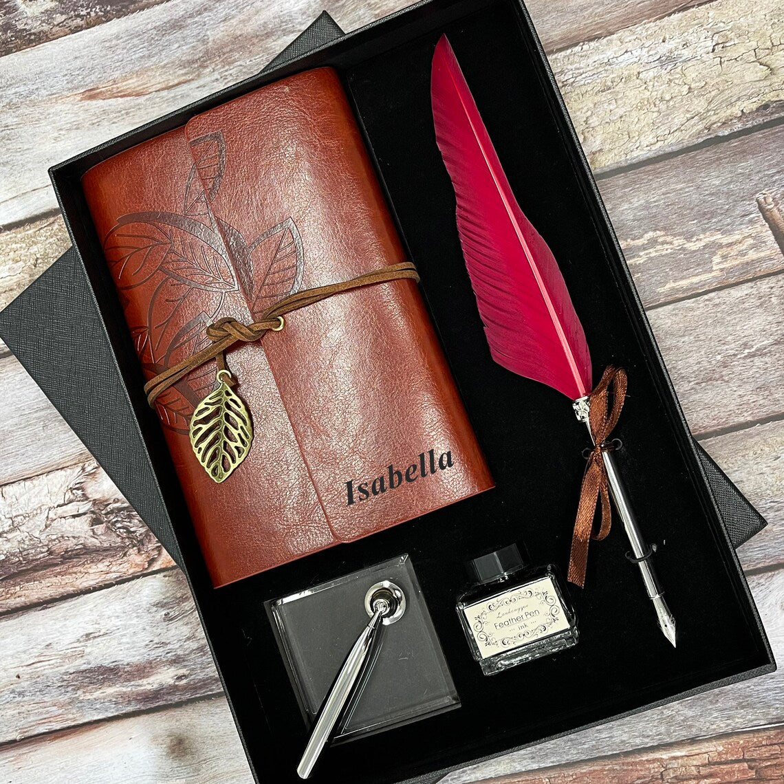 Personalized Leather Journal, Red Feather Dip Pen with Black Ink Gift Set, Gifts for Women and Men, Birthday Gifts, Mother Day, Father Day Cambodia