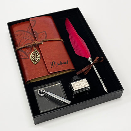 Personalized Leather Journal, Red Feather Dip Pen with Black Ink Gift Set, Gifts for Women and Men, Birthday Gifts, Mother Day, Father Day Cambodia