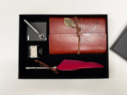 Personalized Leather Journal, Red Feather Dip Pen with Black Ink Gift Set, Gifts for Women and Men, Birthday Gifts, Mother Day, Father Day Cambodia