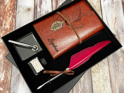 Personalized Leather Journal, Red Feather Dip Pen with Black Ink Gift Set, Gifts for Women and Men, Birthday Gifts, Mother Day, Father Day Cambodia