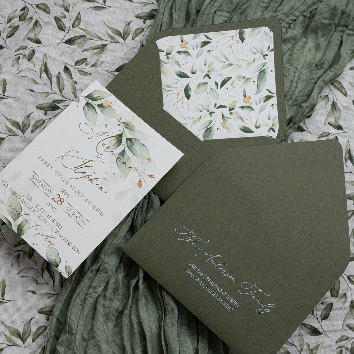 Green Printed Wedding Invitation Set, Modern Wedding Invitation with Envelope, Greenery Wedding Invitation Suite Cambodia