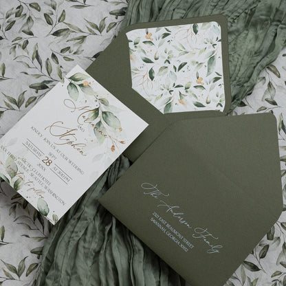 Green Printed Wedding Invitation Set, Modern Wedding Invitation with Envelope, Greenery Wedding Invitation Suite Cambodia