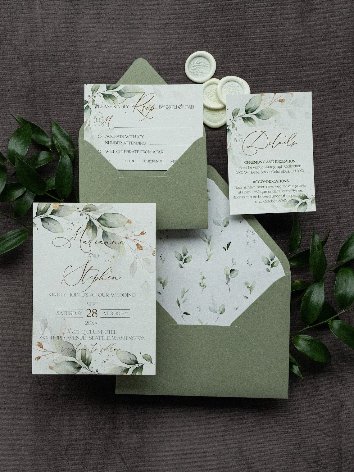 Green Printed Wedding Invitation Set, Modern Wedding Invitation with Envelope, Greenery Wedding Invitation Suite Cambodia