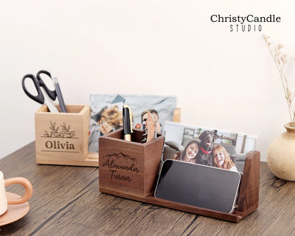 Personalized Pen Holder With Photo Frame - Pen Holder With Phone Stand, Wood Desk Organizer, Custom Office Gifts, Father's Day Gifts Cambodia