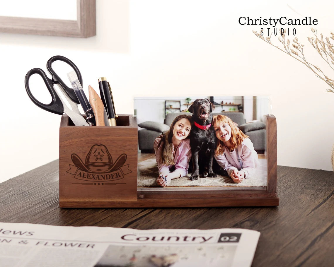 Personalized Pen Holder With Photo Frame - Pen Holder With Phone Stand, Wood Desk Organizer, Custom Office Gifts, Father's Day Gifts Cambodia