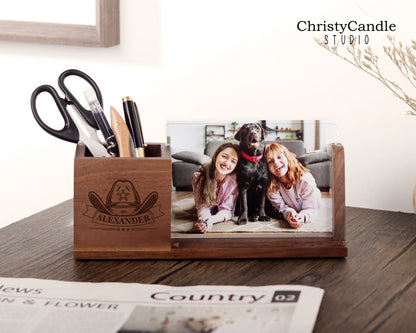 Personalized Pen Holder With Photo Frame - Pen Holder With Phone Stand, Wood Desk Organizer, Custom Office Gifts, Father's Day Gifts Cambodia
